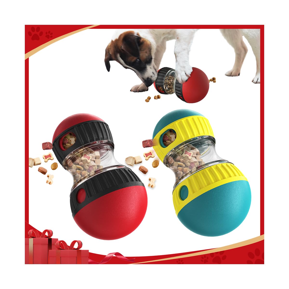 Mankoda dog puzzle ball red side view with treat dispensing for interactive play.