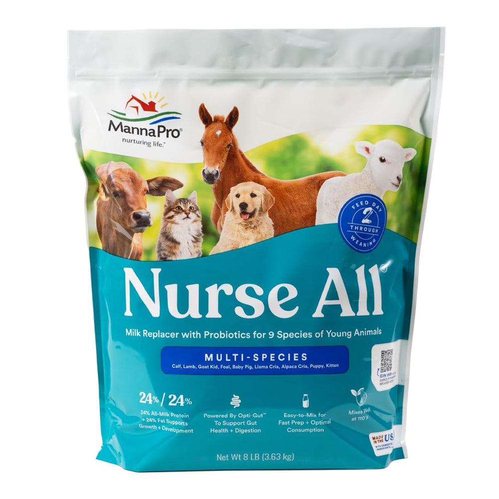 Manna Pro Nurse All multi-species milk replacer bag; easy-mix powder for growing babies.
