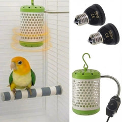 MANON ROSA bird cage heater with 50W ceramic bulbs warms birds inside the cage.