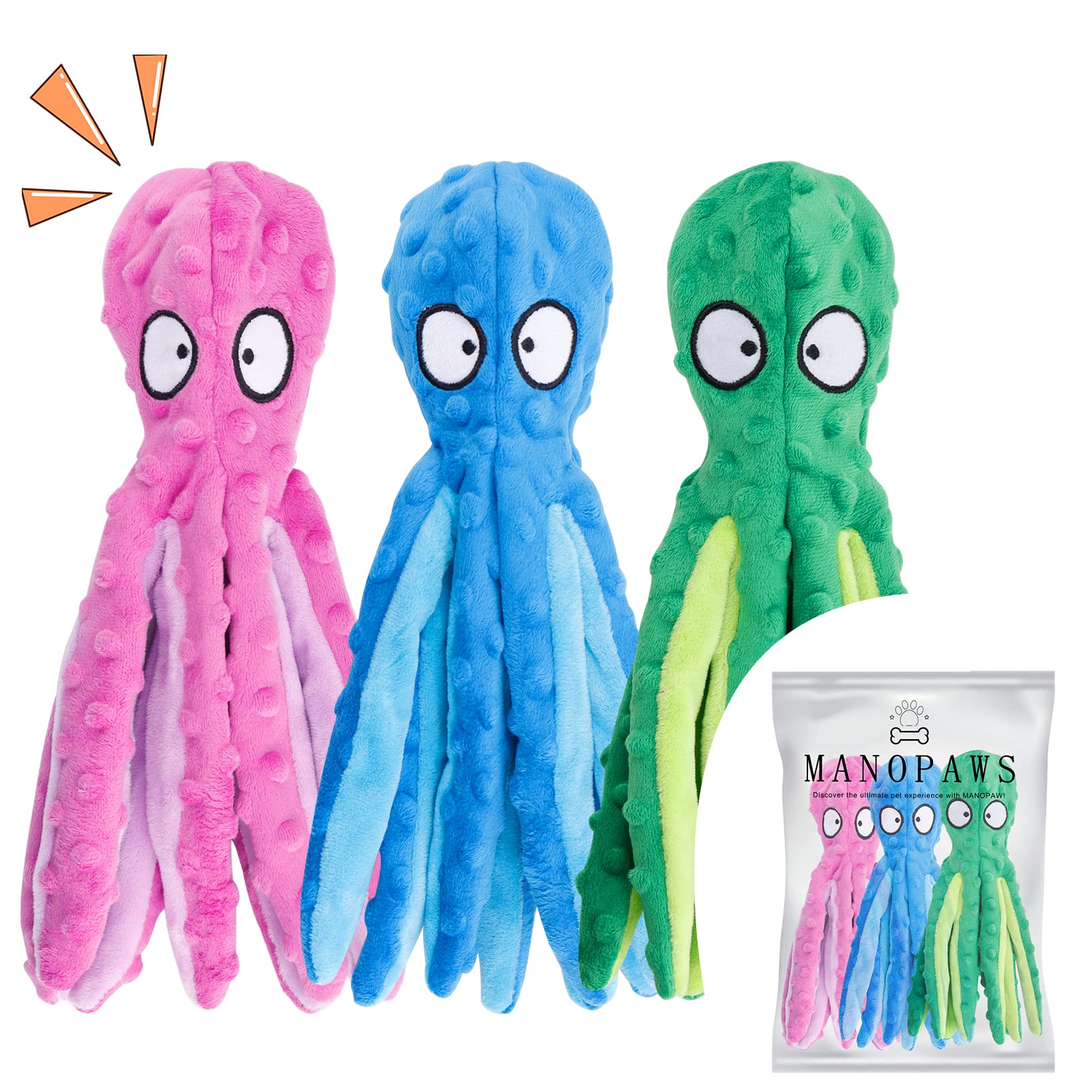 MANOPAWS 3pack octopus dog toy multicolor front view boosts playful exercise and engagement.
