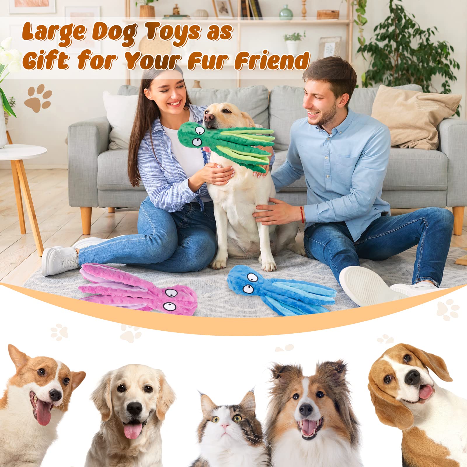 MANOPAWS 3pack octopus dog toy no-stuffing teething-use playtime option.