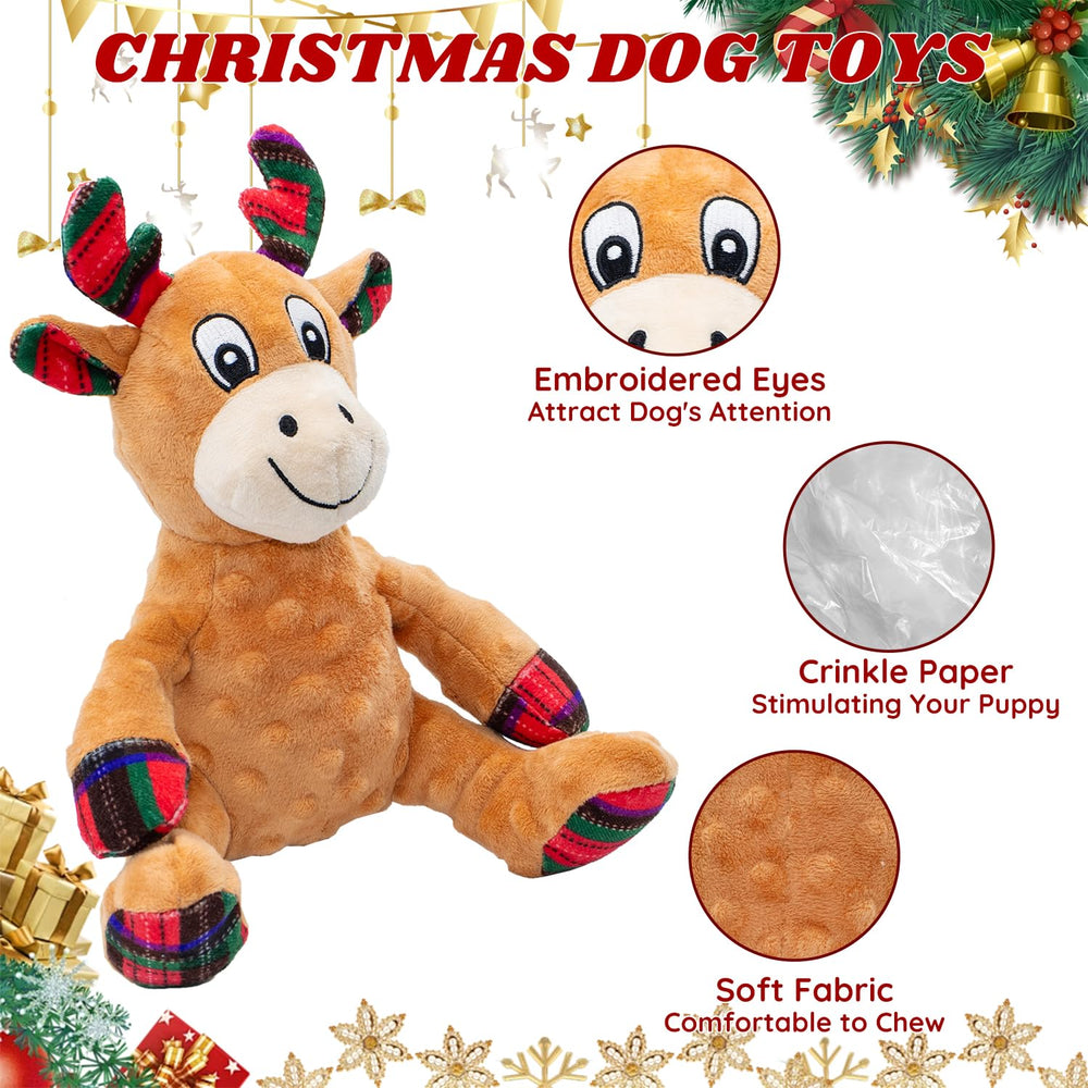 MAOOOOB Christmas reindeer toy features crinkle ears for extra sensory excitement during chewing sessions.