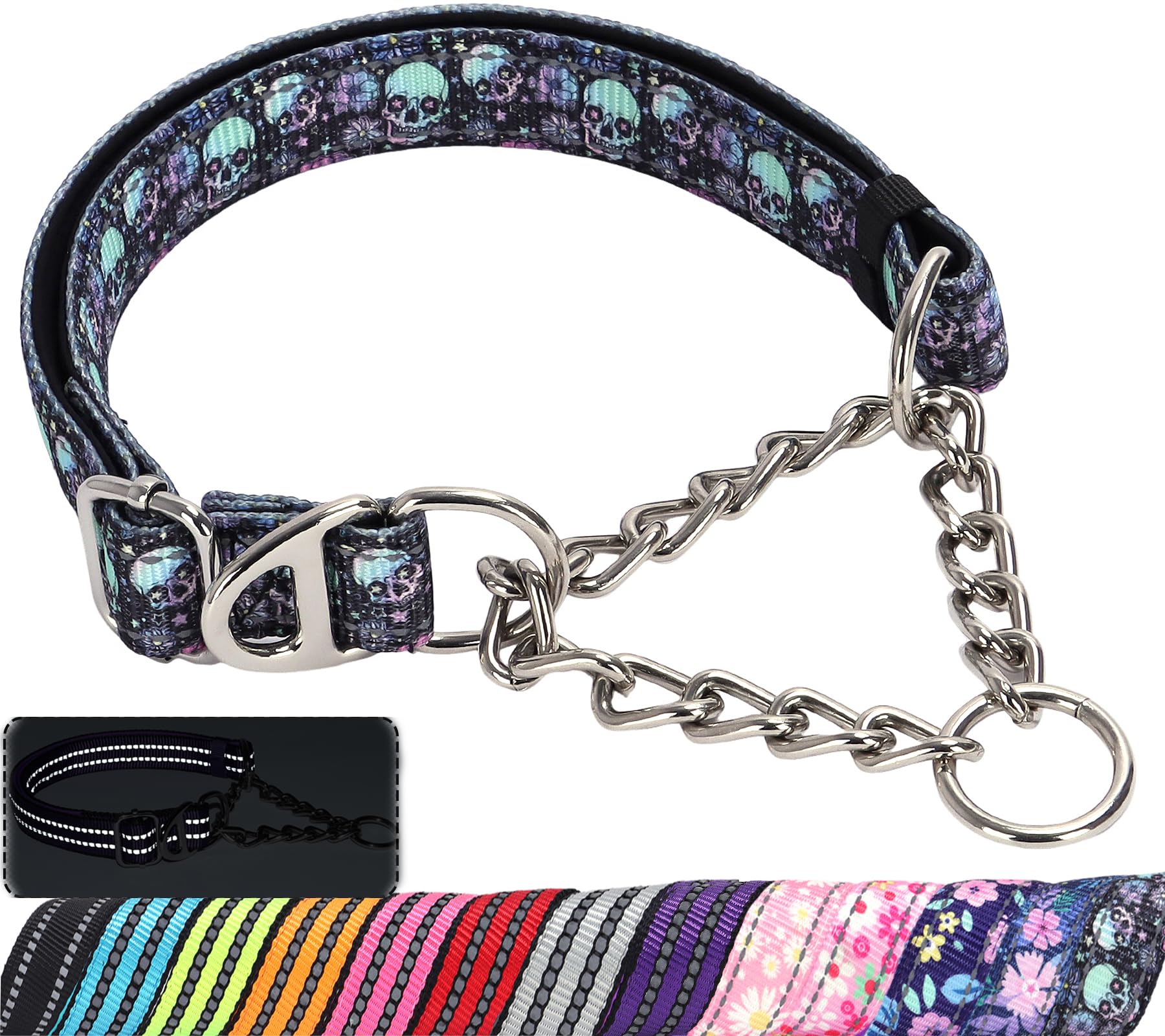 MAOWUWUJOZ martingale-collar with chain and skull reflective accents for night walks.