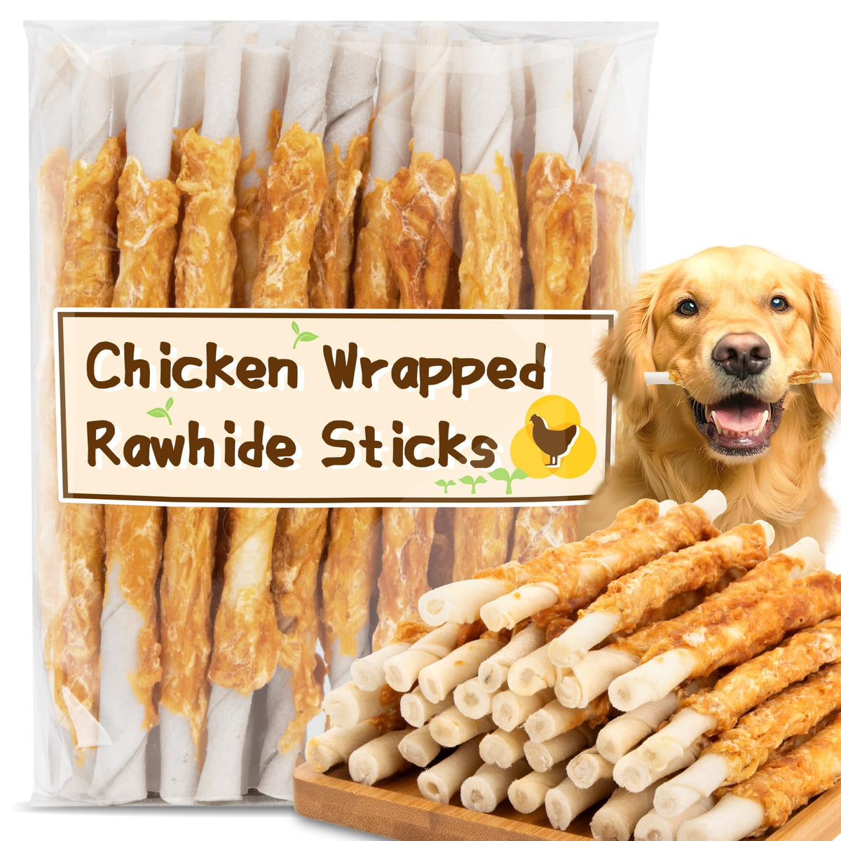 MAQIHAN chicken-wrapped rawhide twist for puppy chewing and teething relief.