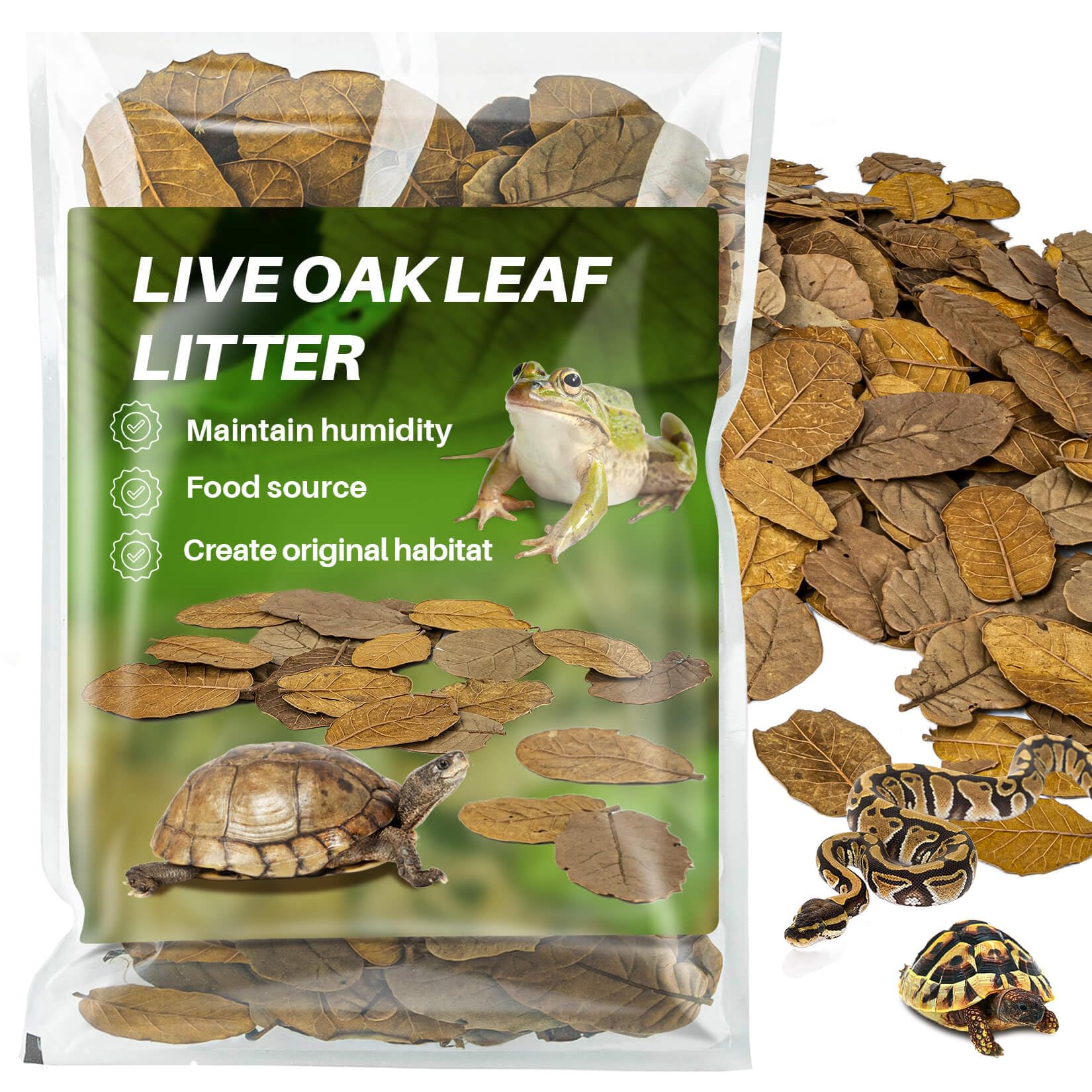 MAQIHAN dry oak leaf litter package showing natural substrate for reptiles and isopods