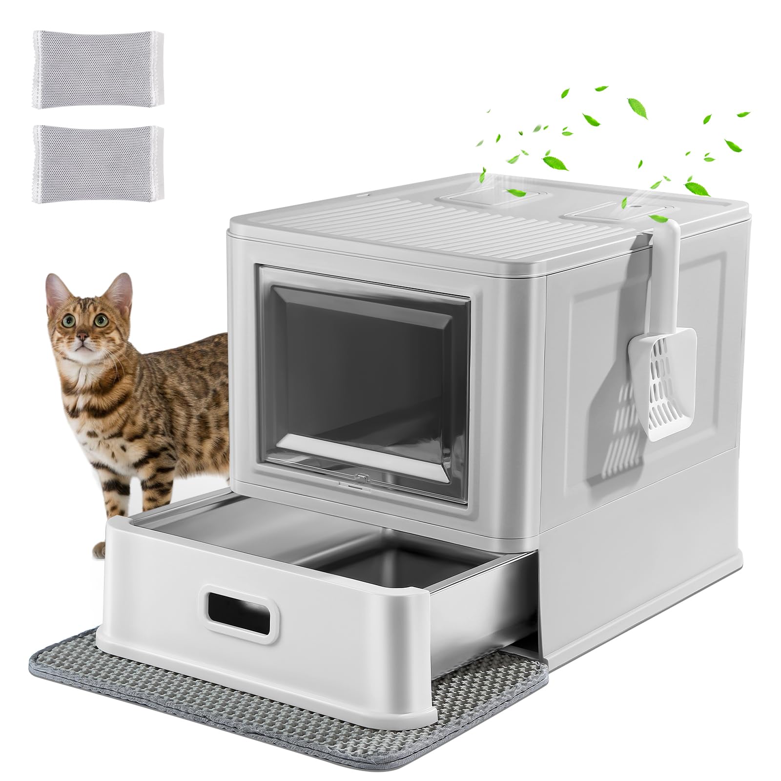 Marchul enclosed stainless steel cat litter box front view shows odor control and durability.