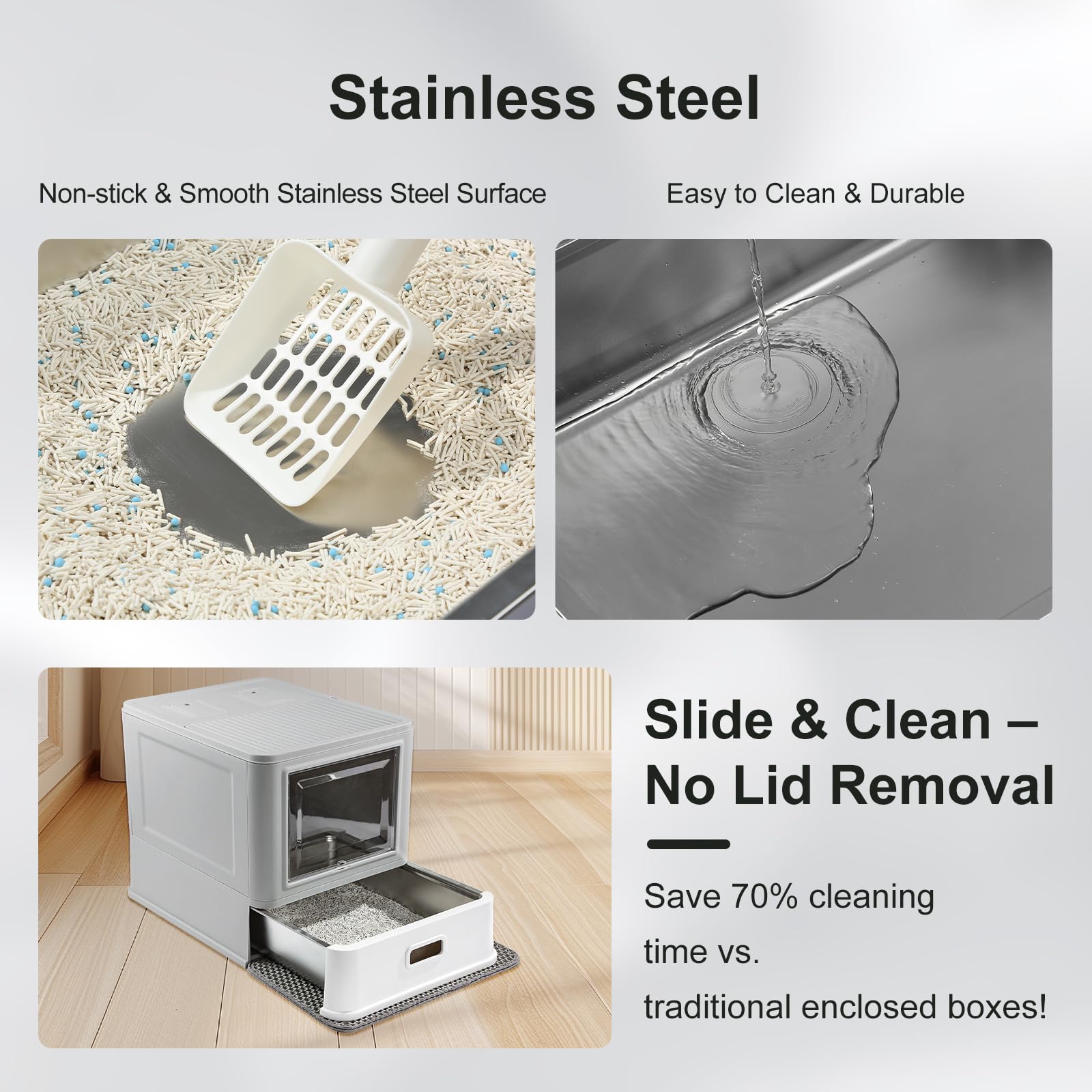 Marchul litter box with lid open highlights easy access for routine cleaning.