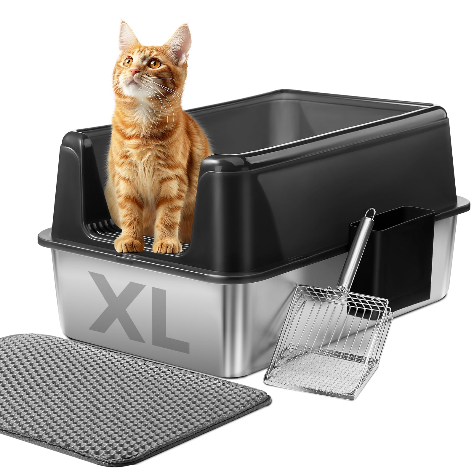 Marchul stainless steel cat litter box front view with high walls for mess containment.