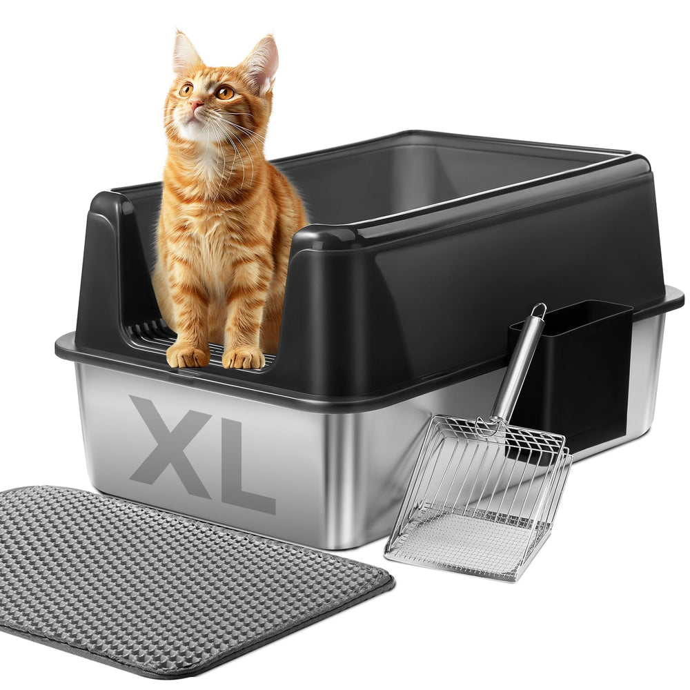 Marchul stainless steel cat litter box front view with high walls for mess containment.