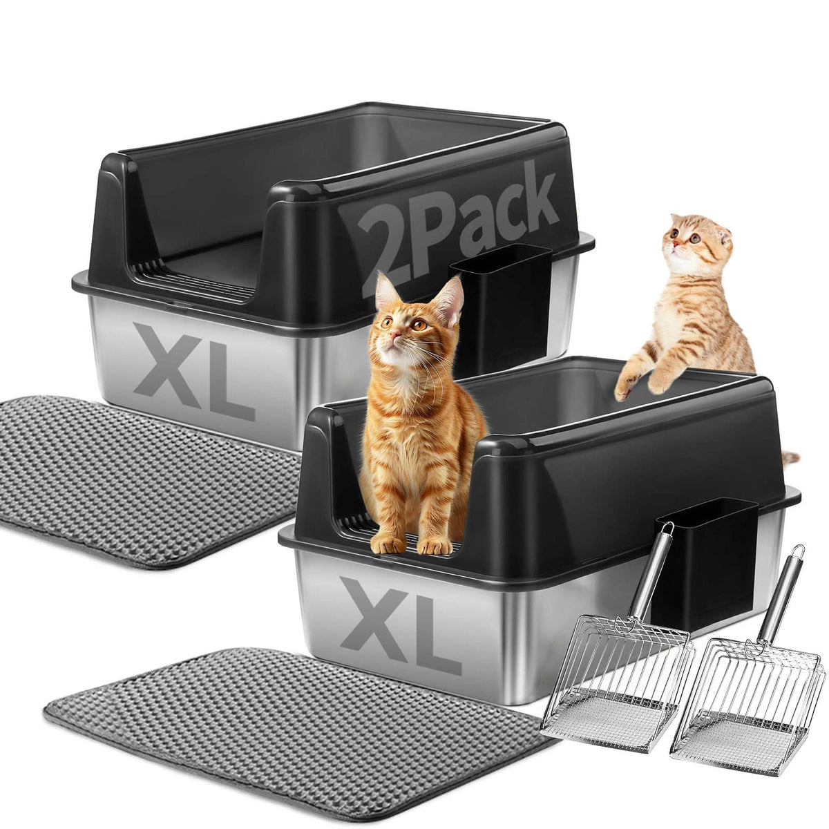 Marchul stainless steel litter box XL front view shows spacious interior for big cats.