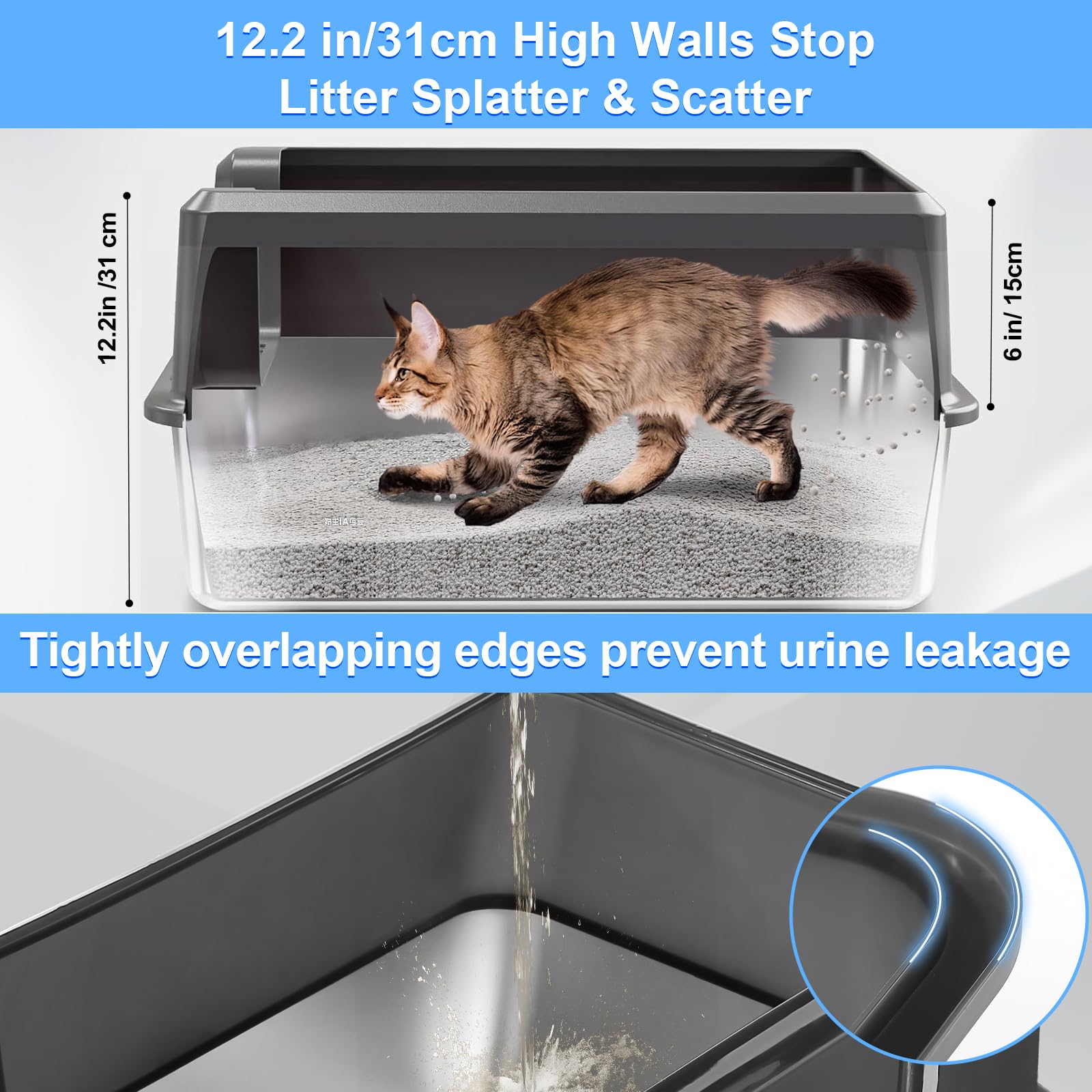 Marchul stainless steel litter box XL top view highlights wide opening for easy access.