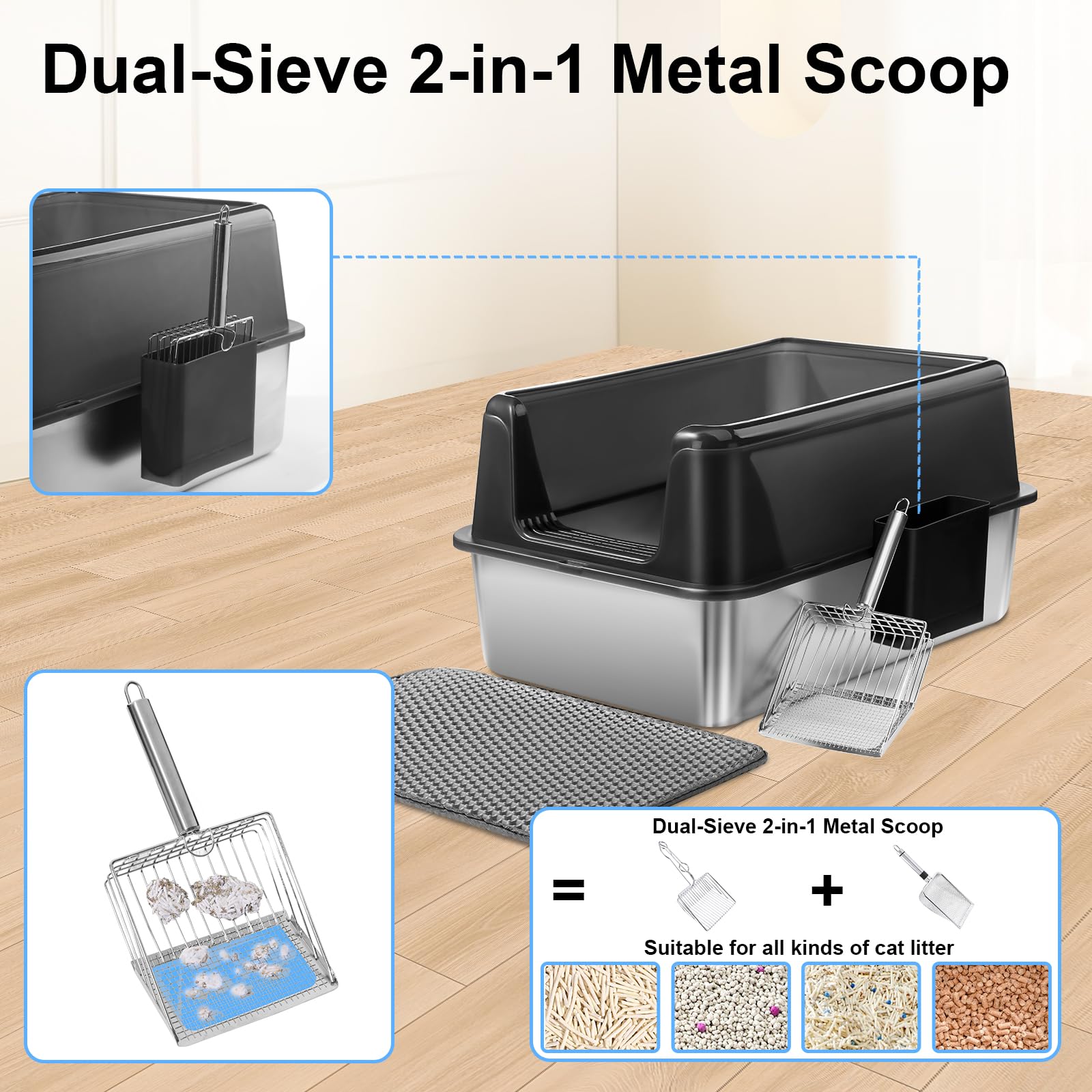 Marchul XL cat litter box for multi-cat homes with included scoop, mat, and holder.