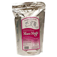 Healthy horse beside Mare Magic 32oz bottle, illustrating a natural supplement option for mares