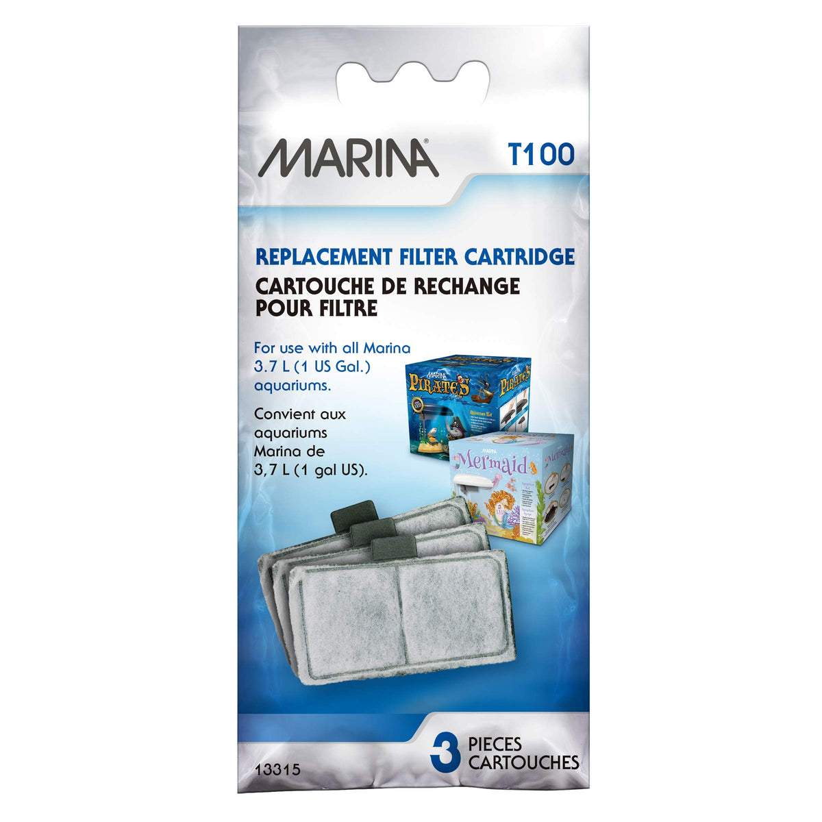 Marina T100 top filter cartridges 3-pack packaging for easy replacement and clean water.