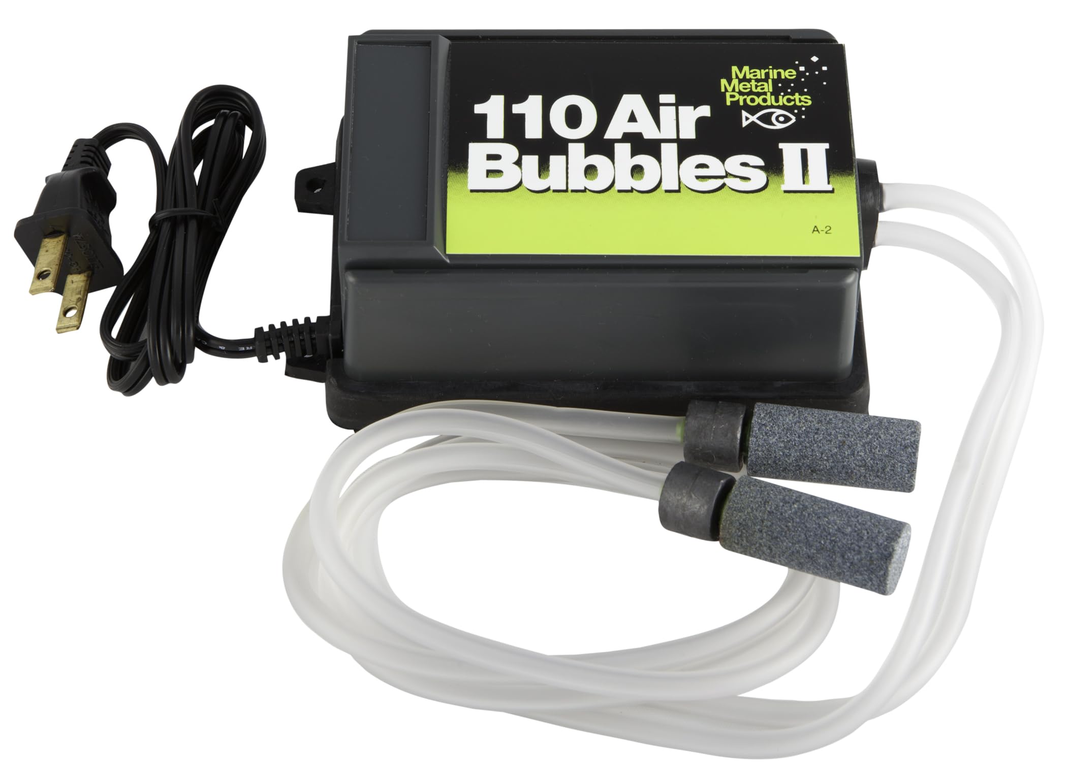 Marine Metal A-2 air bubbles pump in bait bucket delivering steady dissolved oxygen.