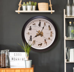 Mark Feldstein & Associates barking dog clock dial close-up shows 12 breeds and hourly bark for themed decor.