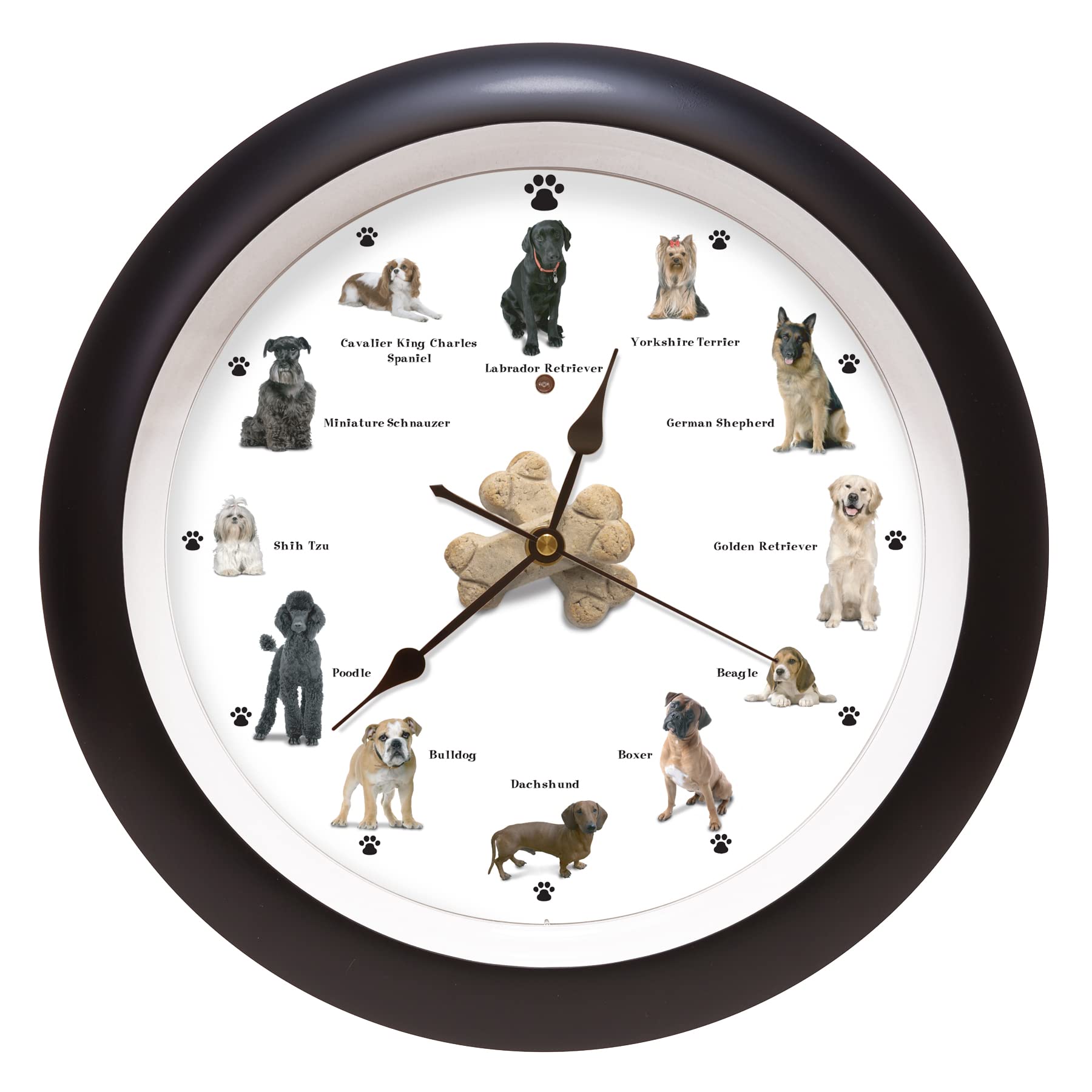 Mark Feldstein & Associates barking dog clock front view highlights 12 breeds for a playful home accent.