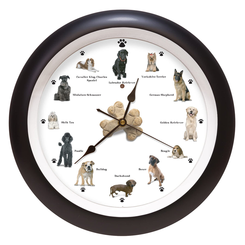 Mark Feldstein & Associates barking dog clock front view highlights 12 breeds for a playful home accent.