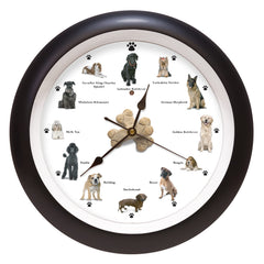 Mark Feldstein & Associates barking dog clock front view highlights 12 breeds for a playful home accent.