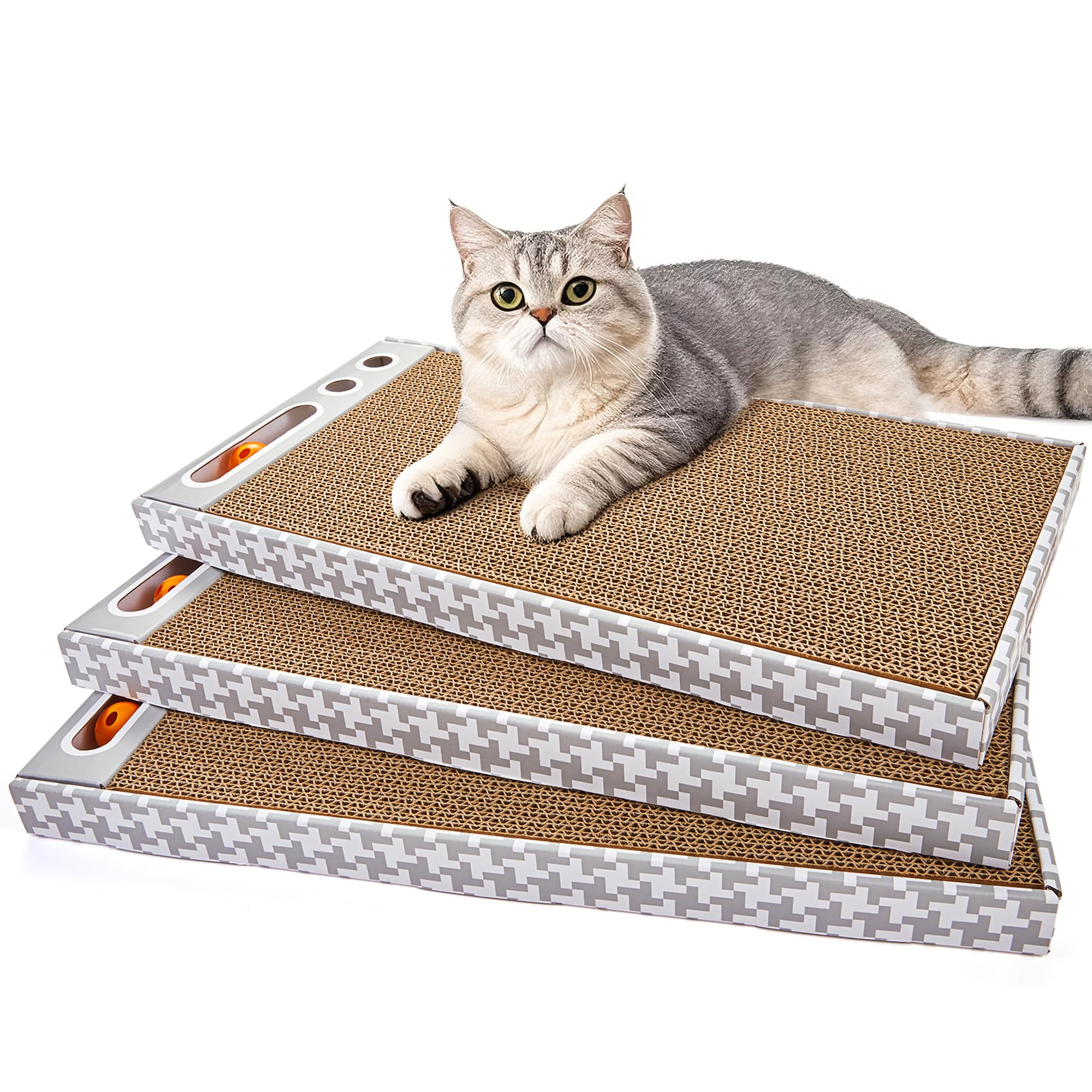 Markarbarka cat scratching board 3-pack setup shows durable corrugated design protecting furniture.