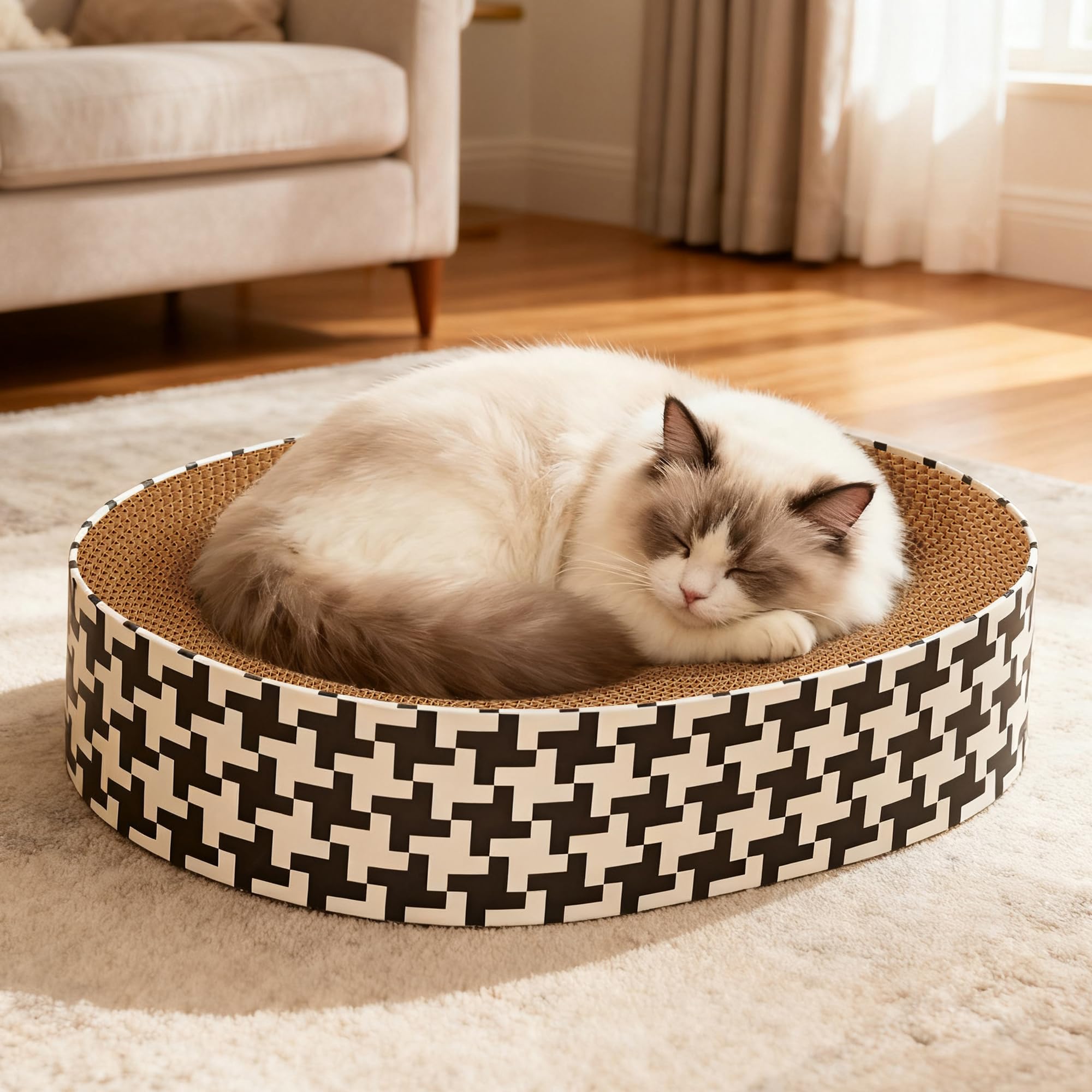 Markarbarka oval cat scratcher lounge provides cozy resting zone after play.