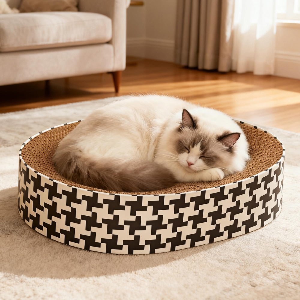 Markarbarka oval cat scratcher lounge provides cozy resting zone after play.