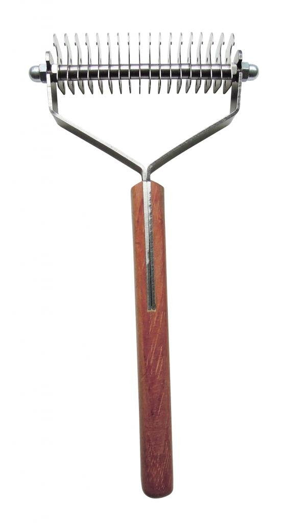 Mars Coat King double-wide dematting tool with wooden handle for thick coats, deshedding and mat removal.