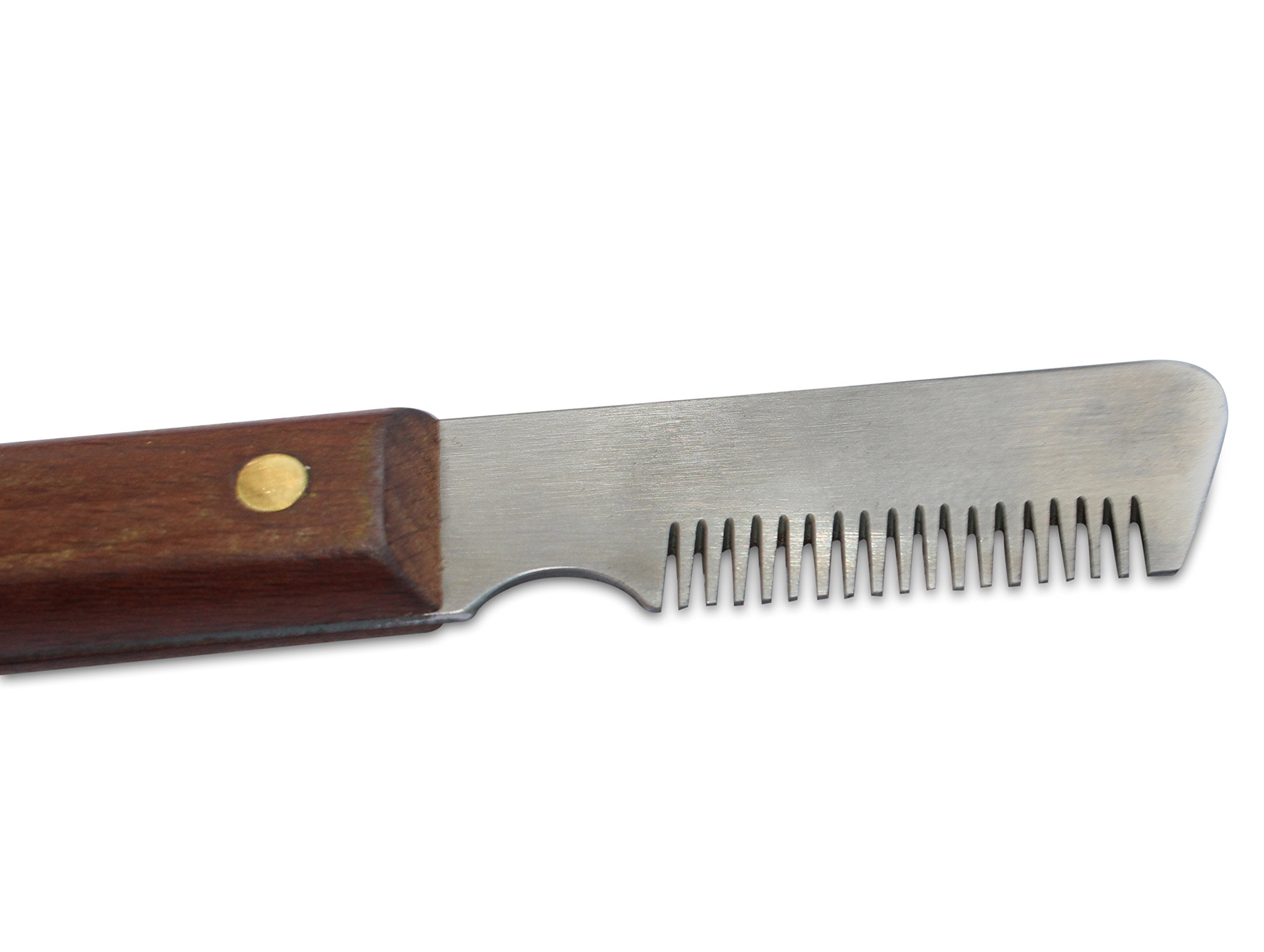 Mars Coat King stripping knife handle in Bubinga wood provides comfortable grip in wet grooming sessions.