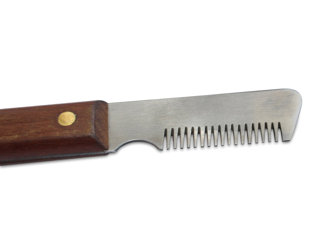 Mars Coat King stripping knife handle in Bubinga wood provides comfortable grip in wet grooming sessions.
