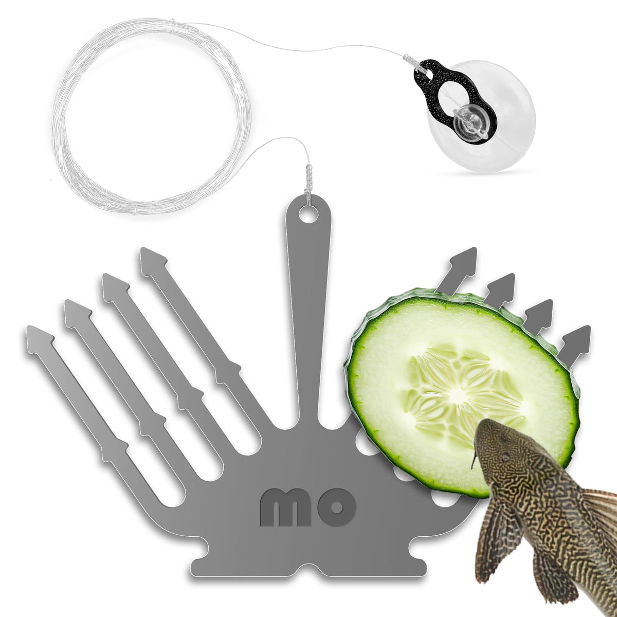 Mars Outpost Deluxe cucumber holder feeder in aquarium securely holds cucumber slices for veggie feeding.