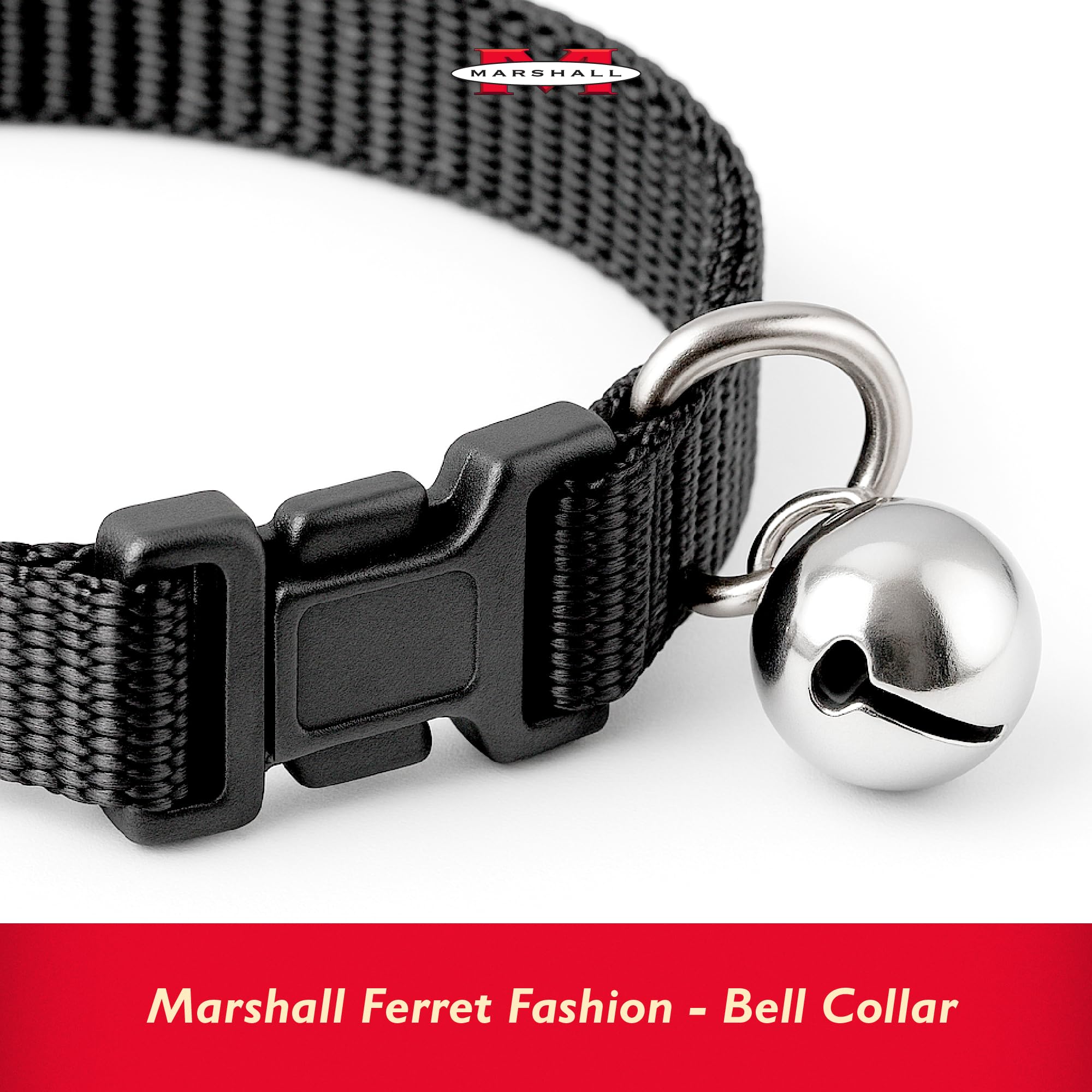 Marshall Bell Collar for Ferrets in red shows adjustable fit and quick-snap usability.