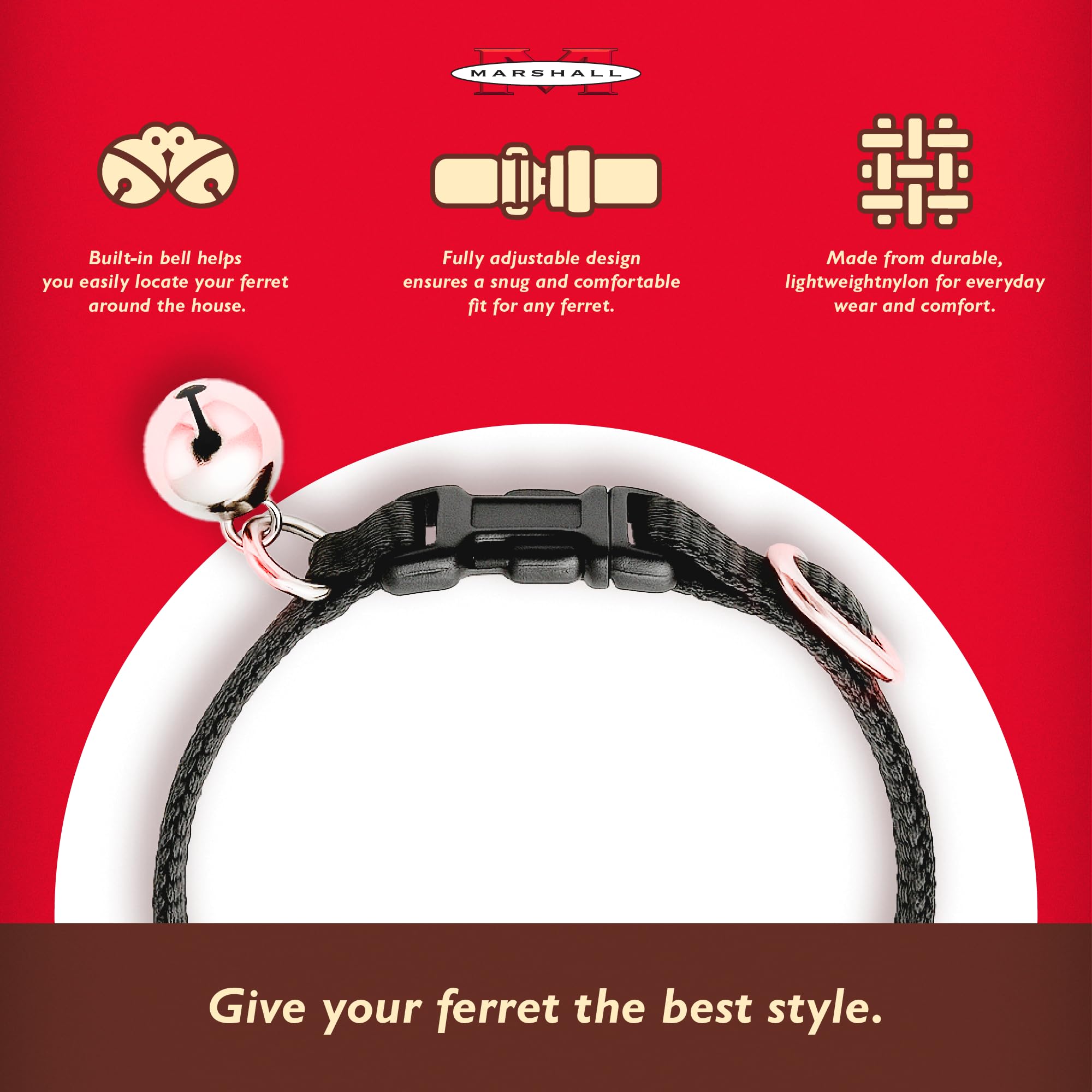 Marshall Bell Collar for Ferrets red detail highlights the safety bell.