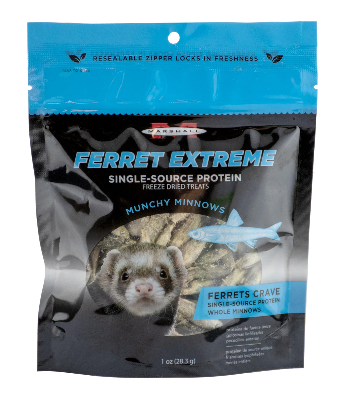Marshall Pet Products Ferret Extreme Munchy Minnows packaging highlights simple protein reward for training
