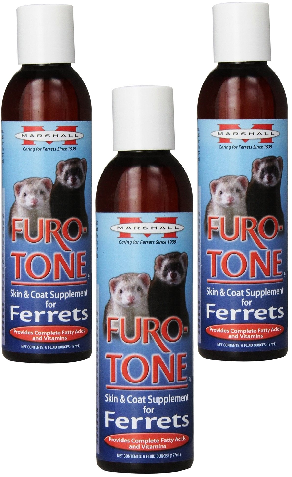 Marshall Furo Tone ferret supplement bottle close-up for shiny coat and skin comfort.