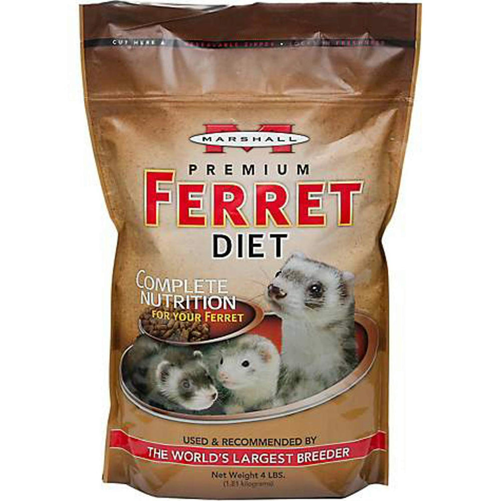 Marshall Premium Ferret Diet Food bag front highlighting high-protein formula for active ferrets.