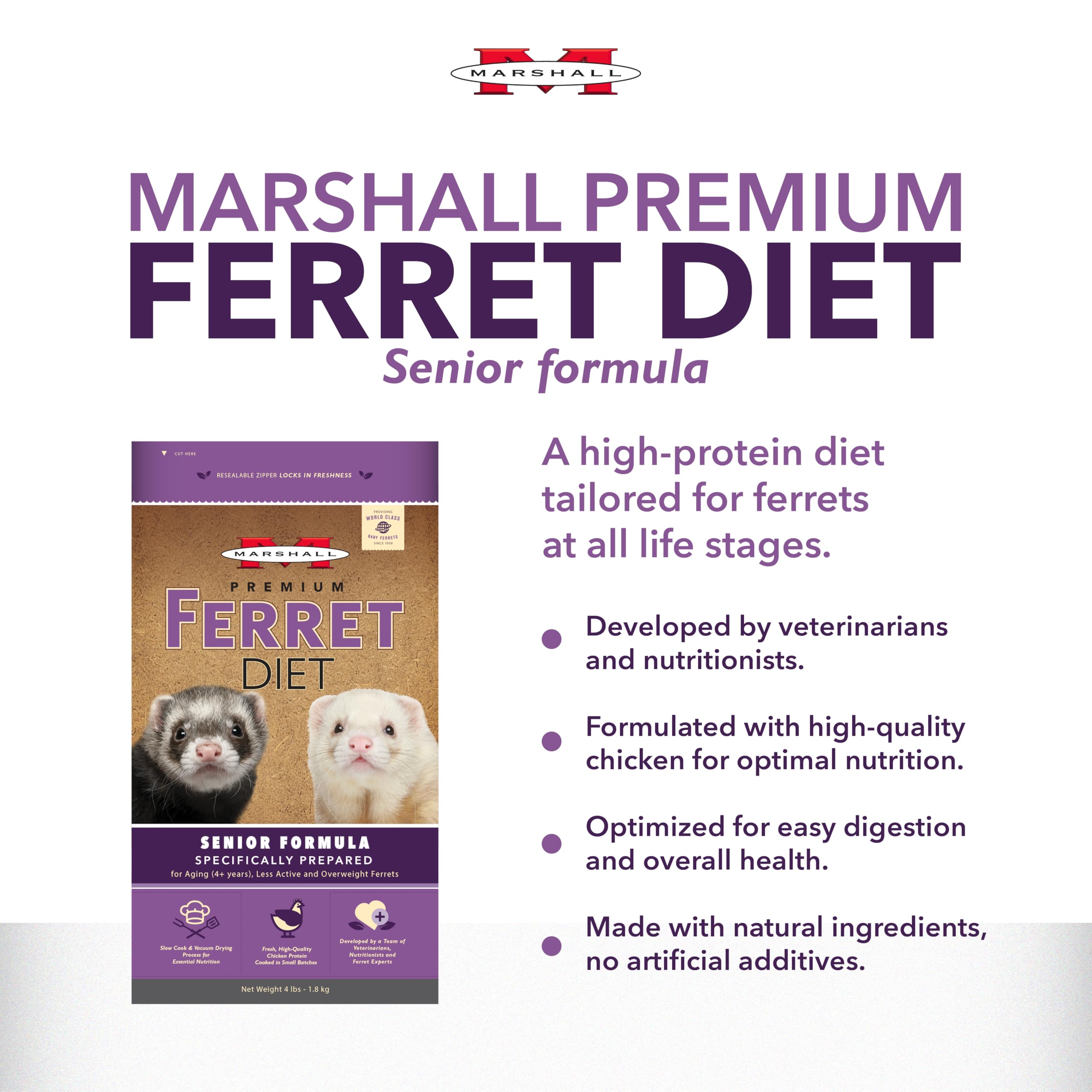 Marshall Premium Ferret Diet Senior Formula serving portion shows balanced nutrition for digestion.