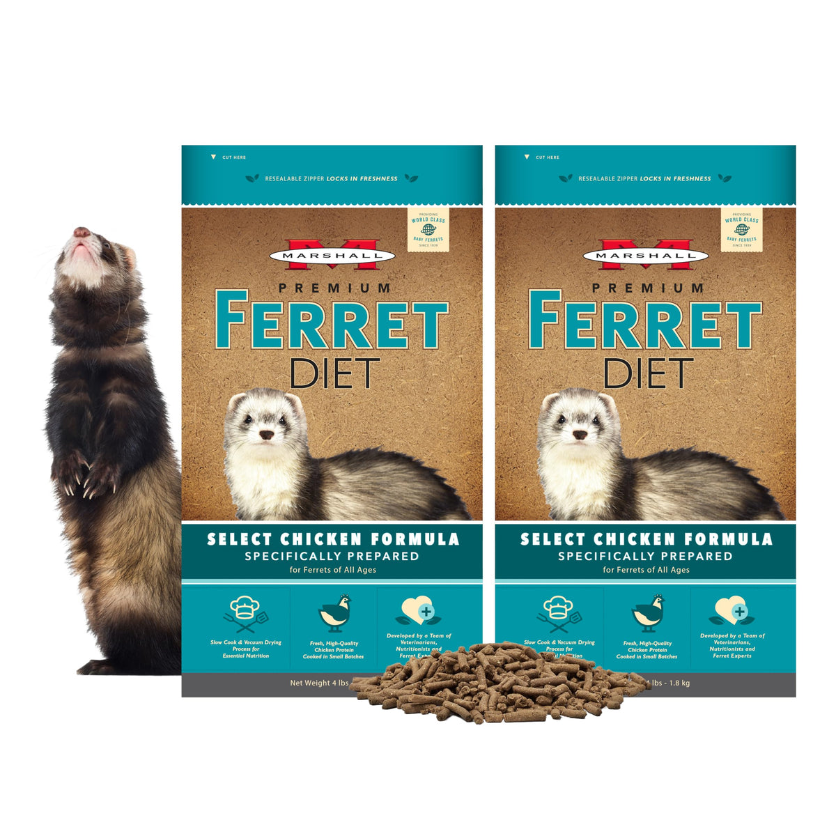 Marshall Select Chicken Formula ferret dry food bag shows resealable packaging for freshness.