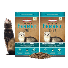 Marshall Select Chicken Formula ferret dry food bag shows resealable packaging for freshness.