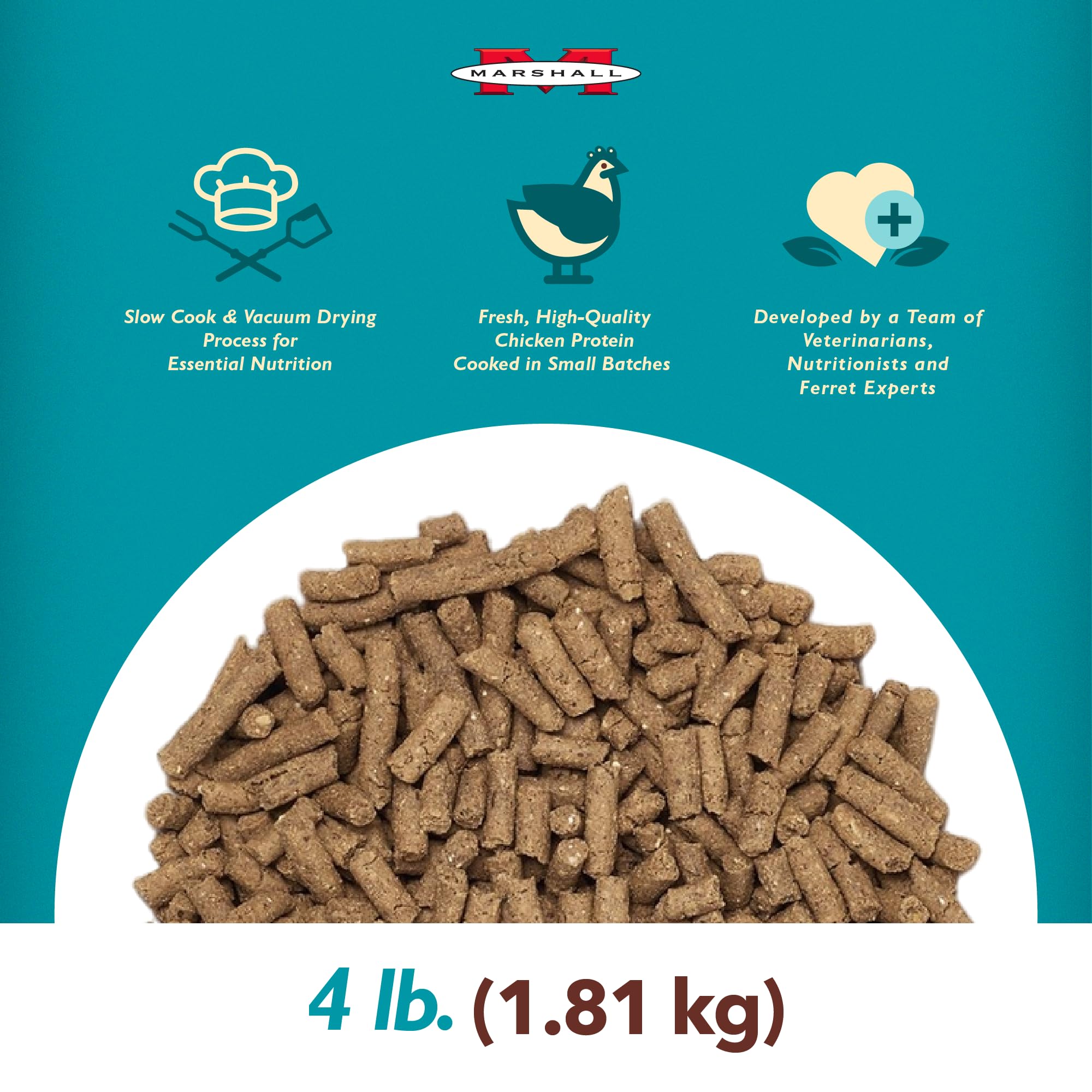 Marshall Select Chicken Formula resealable pack emphasizes convenient, fresh meals for small pets.
