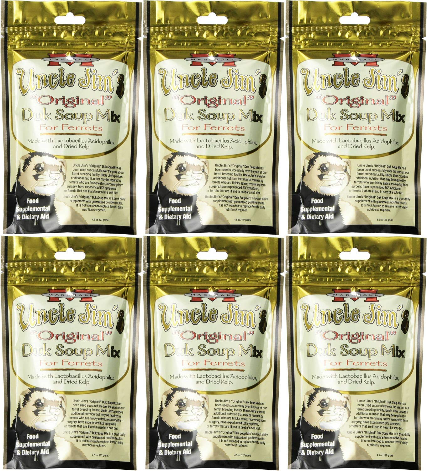 Marshall Uncle Jim's Duk Soup Mix dry-mix closeup emphasizes quick preparation and palatability for ferrets.