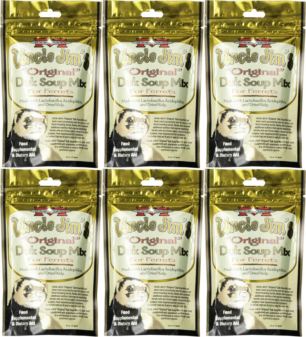 Marshall Uncle Jim's Duk Soup Mix dry-mix closeup emphasizes quick preparation and palatability for ferrets.