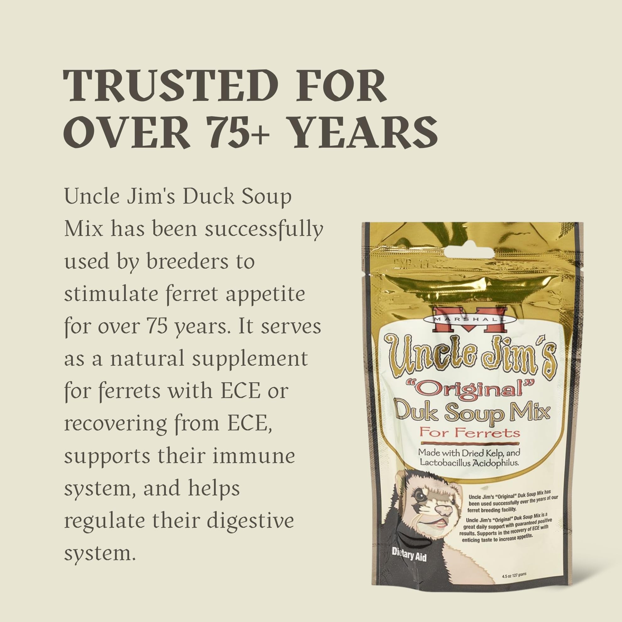 Marshall Uncle Jim’s DUK soup mix-with-toys included image shows enrichment with squeaky toys.