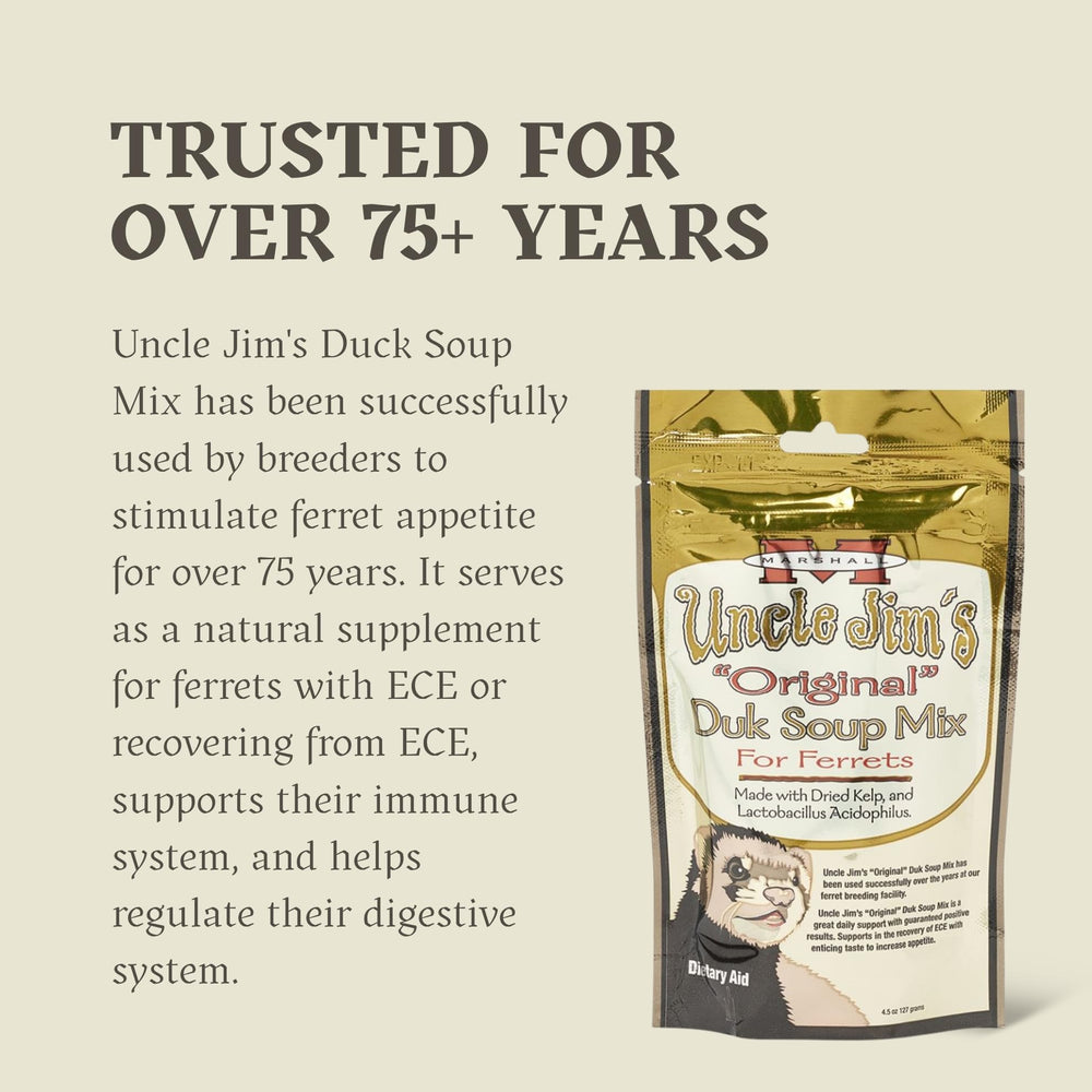 Marshall Uncle Jim’s DUK soup mix-with-toys included image shows enrichment with squeaky toys.