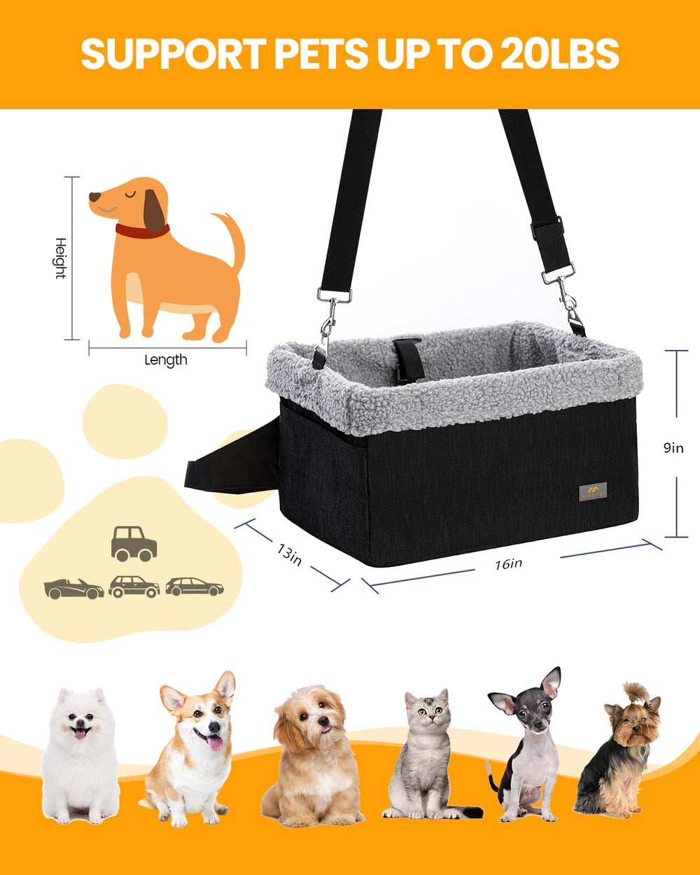 Marslabo booster seat with adjustable leash keeps small dogs secure.