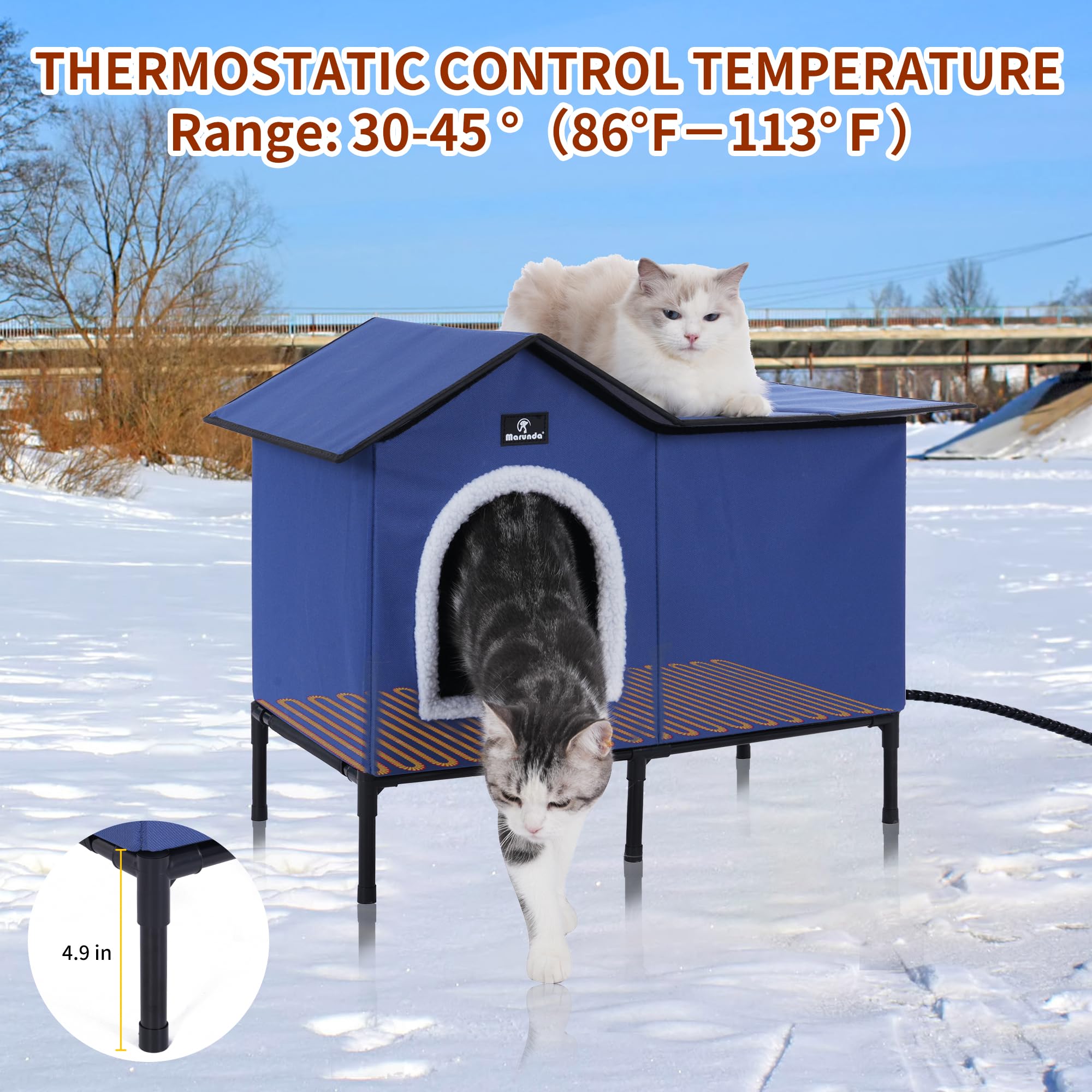 MARUNDA large heated cat house interior view highlights thermostat-controlled warmth for comfort.