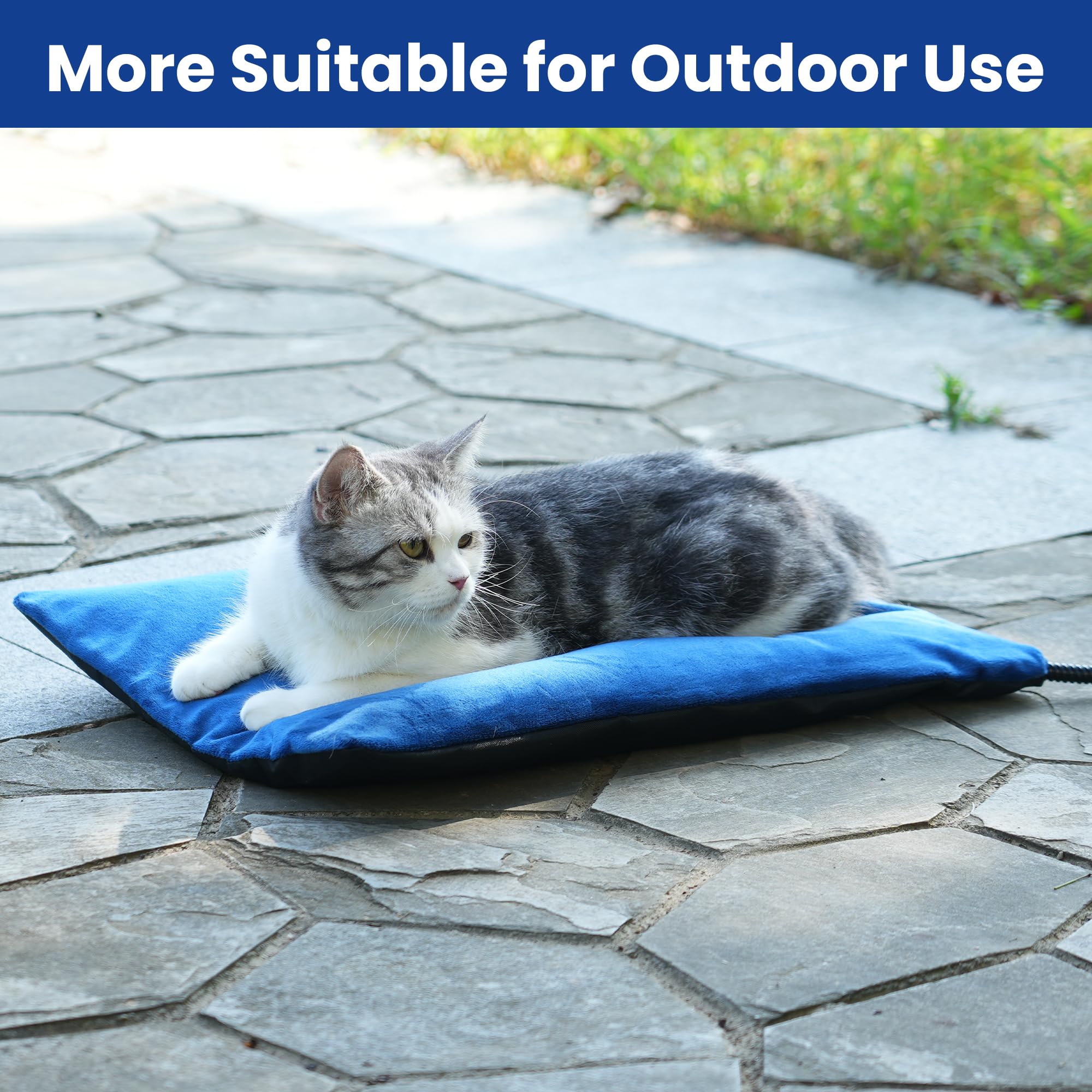 MARUNDA outdoor heated cat bed blue thermostat control emphasizes safe, consistent warmth