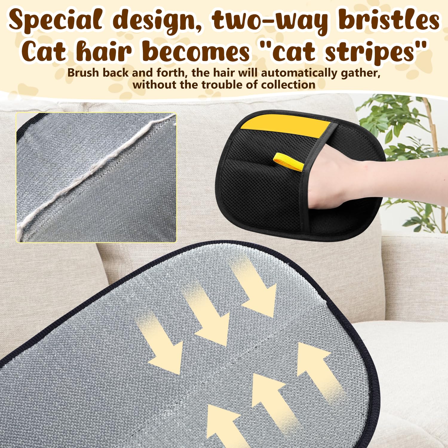 Marveher double-sided grooming glove cleans a couch with gentle pet massage.