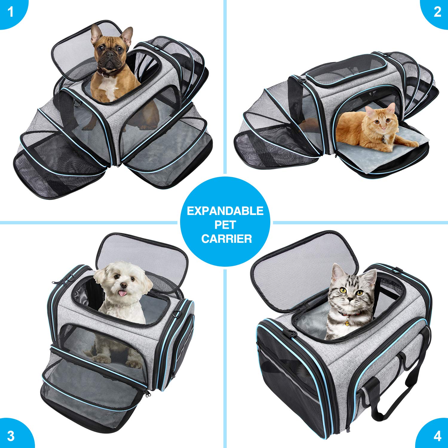 MASKEYON carrier features front and side pockets for treats and essentials.