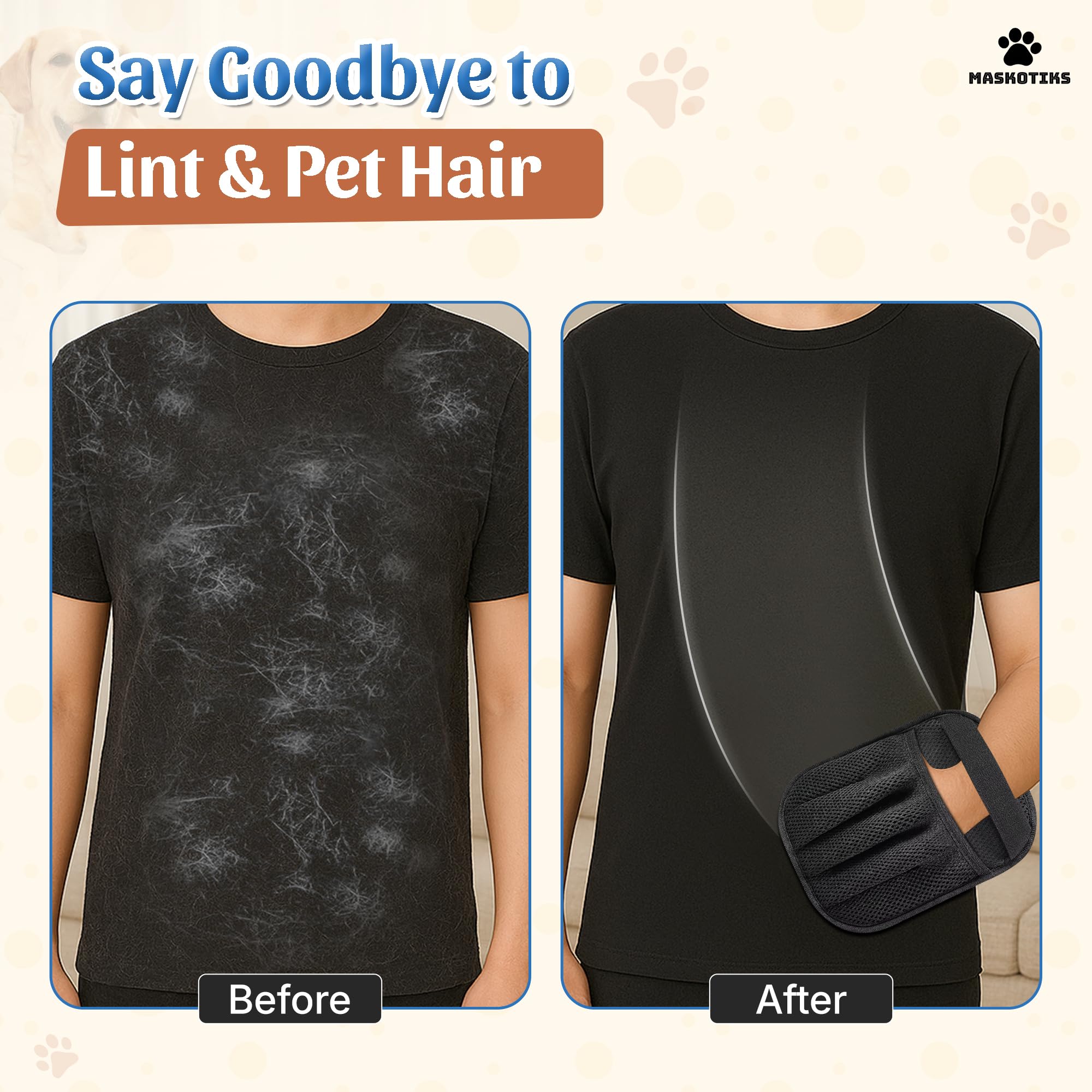 Maskotiks electrostatic glove attracts hair with light touch, quick pickup on fabrics.