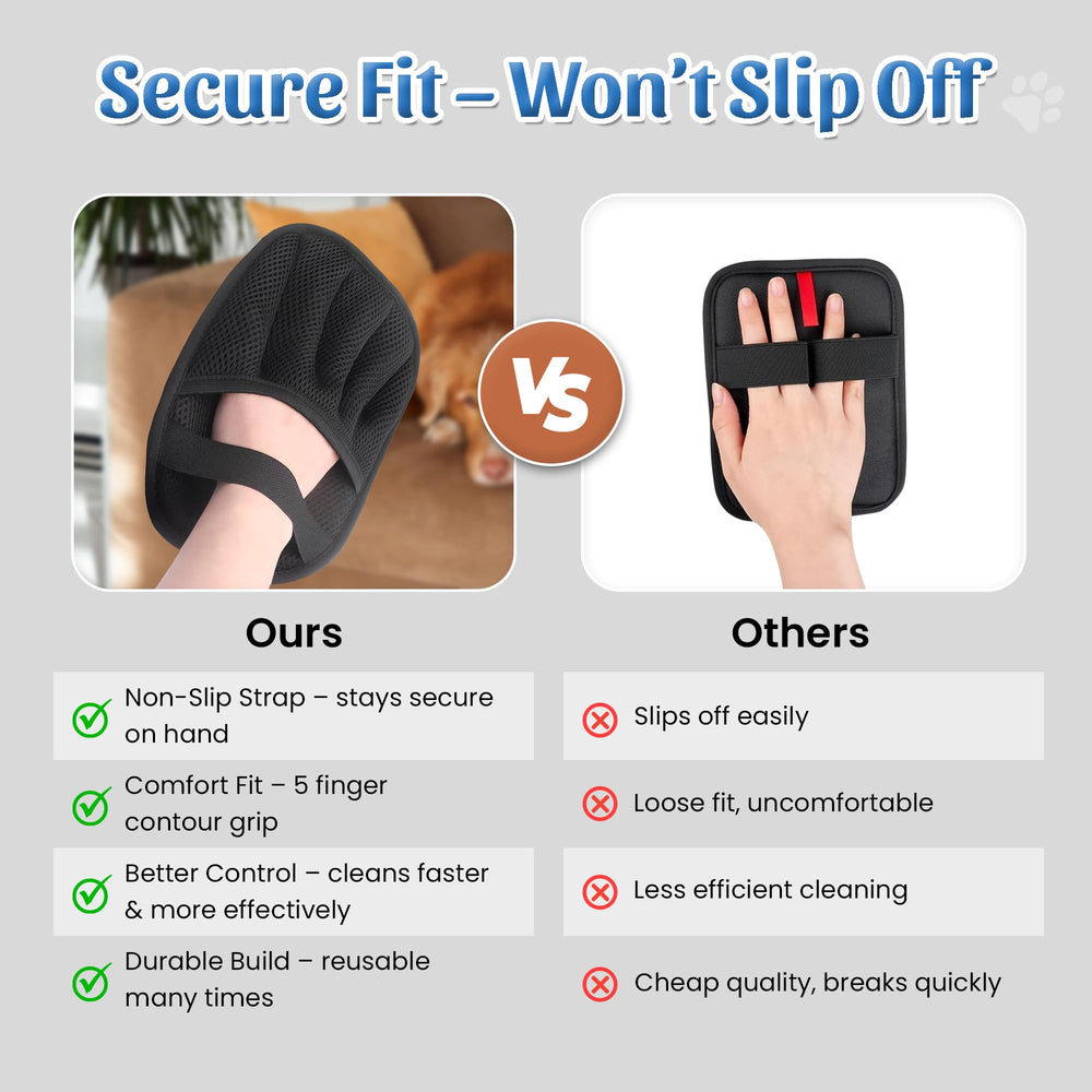 Maskotiks pet hair removal glove works on clothing, sofas, beds, and carpets.
